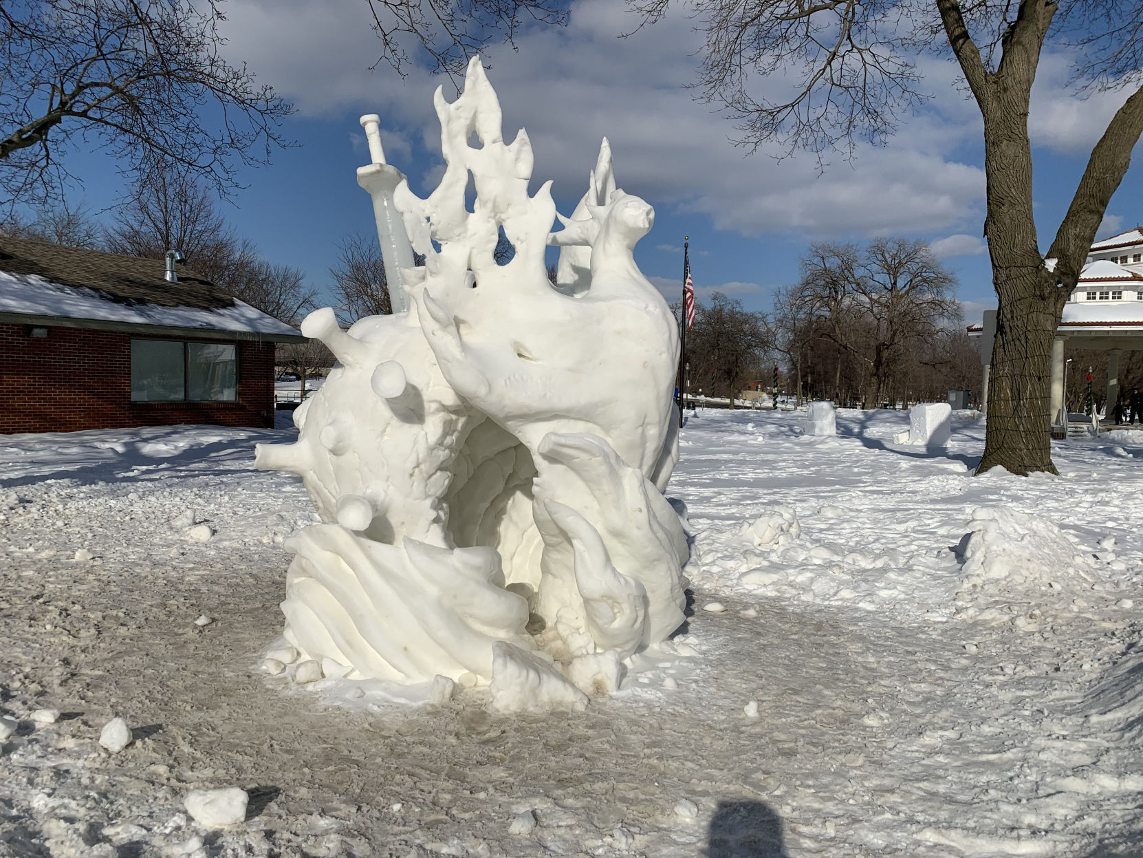 The first-place sculpture of the U.S. National Snow Sculpting Championship still intact
